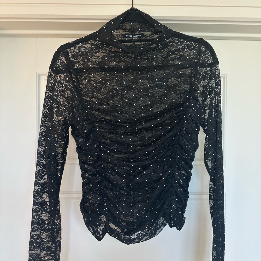 Steve Madden Black Lace & Sequin Long Sleeve Blouse